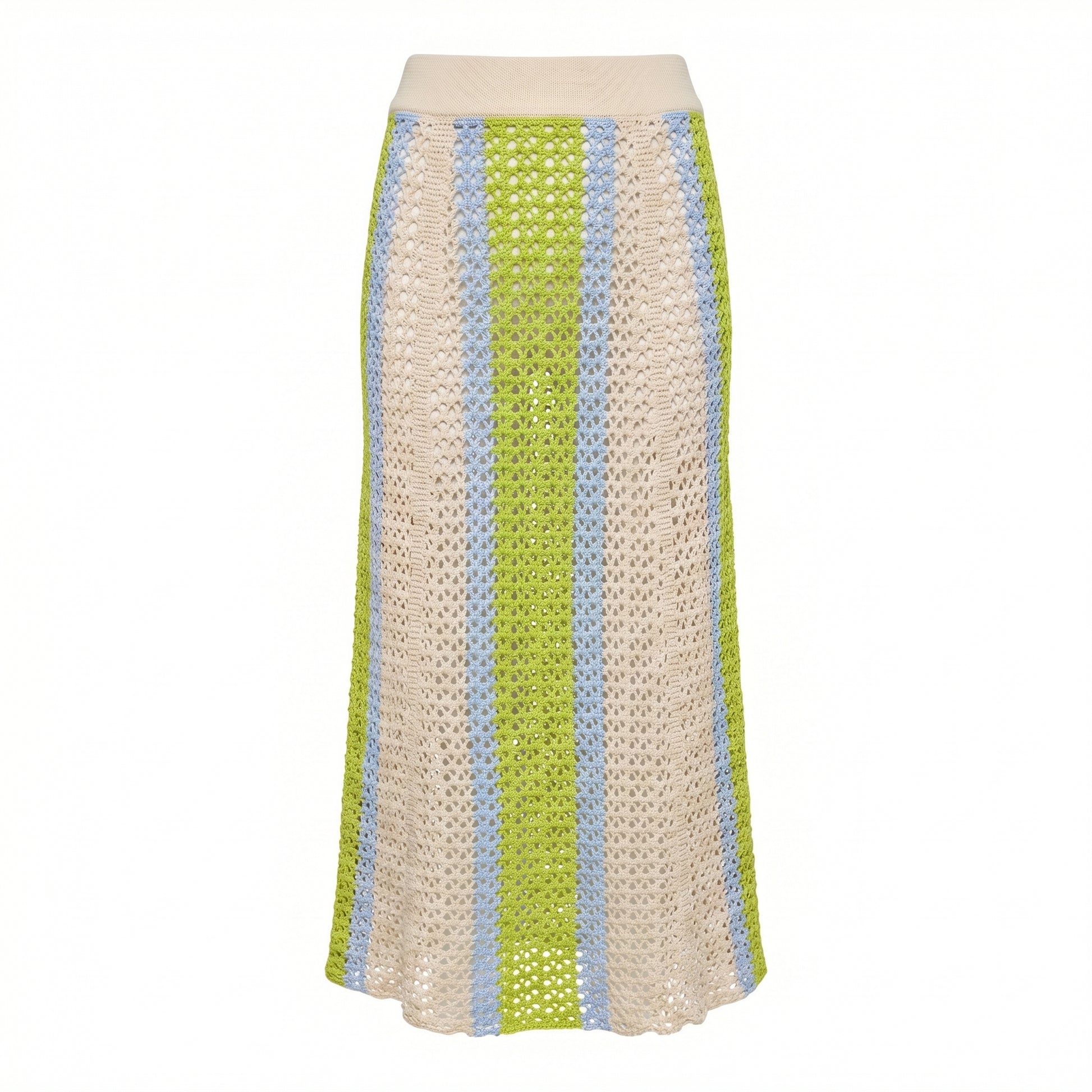 Striped knit midi skirt with ribbed waistband, cream, lime green, and light blue vertical stripes