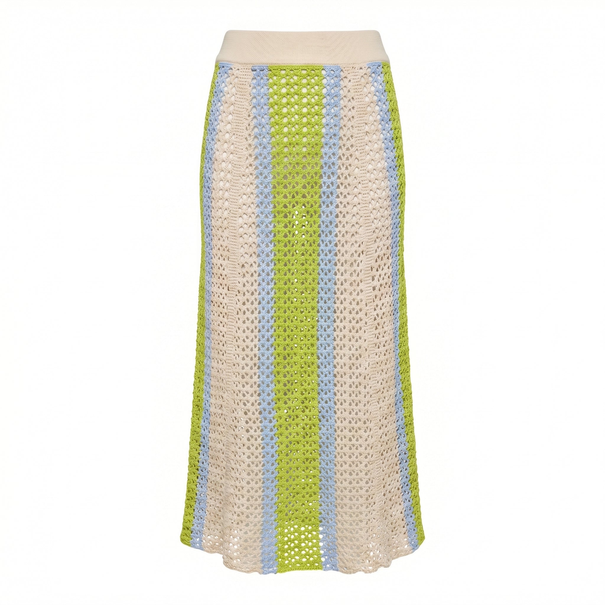 Striped knit midi skirt with ribbed waistband, cream, lime green, and light blue vertical stripes