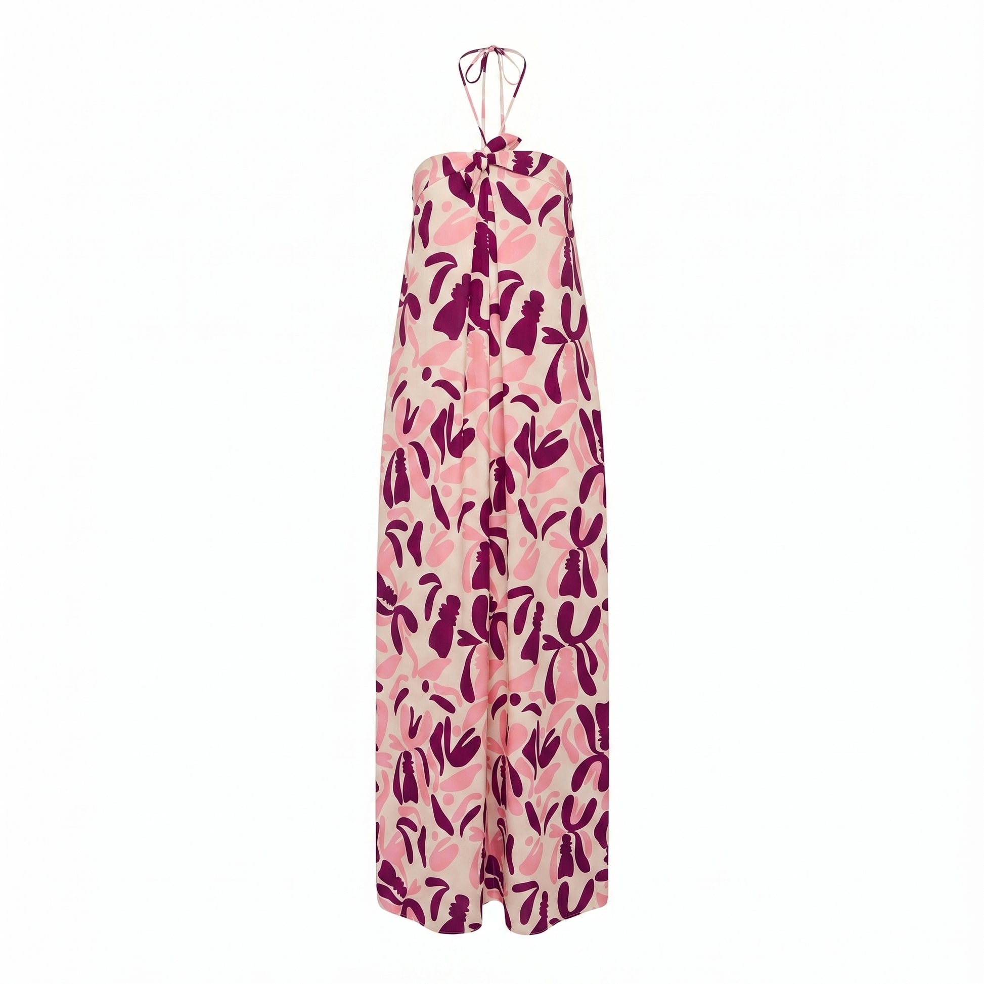 Halterneck maxi dress with bold floral print, pink/mauve on light background.