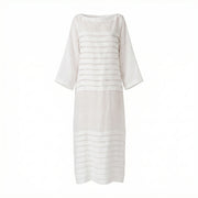 Cleo dress in light white with horizontal stripe bands, three-quarter dolman sleeves