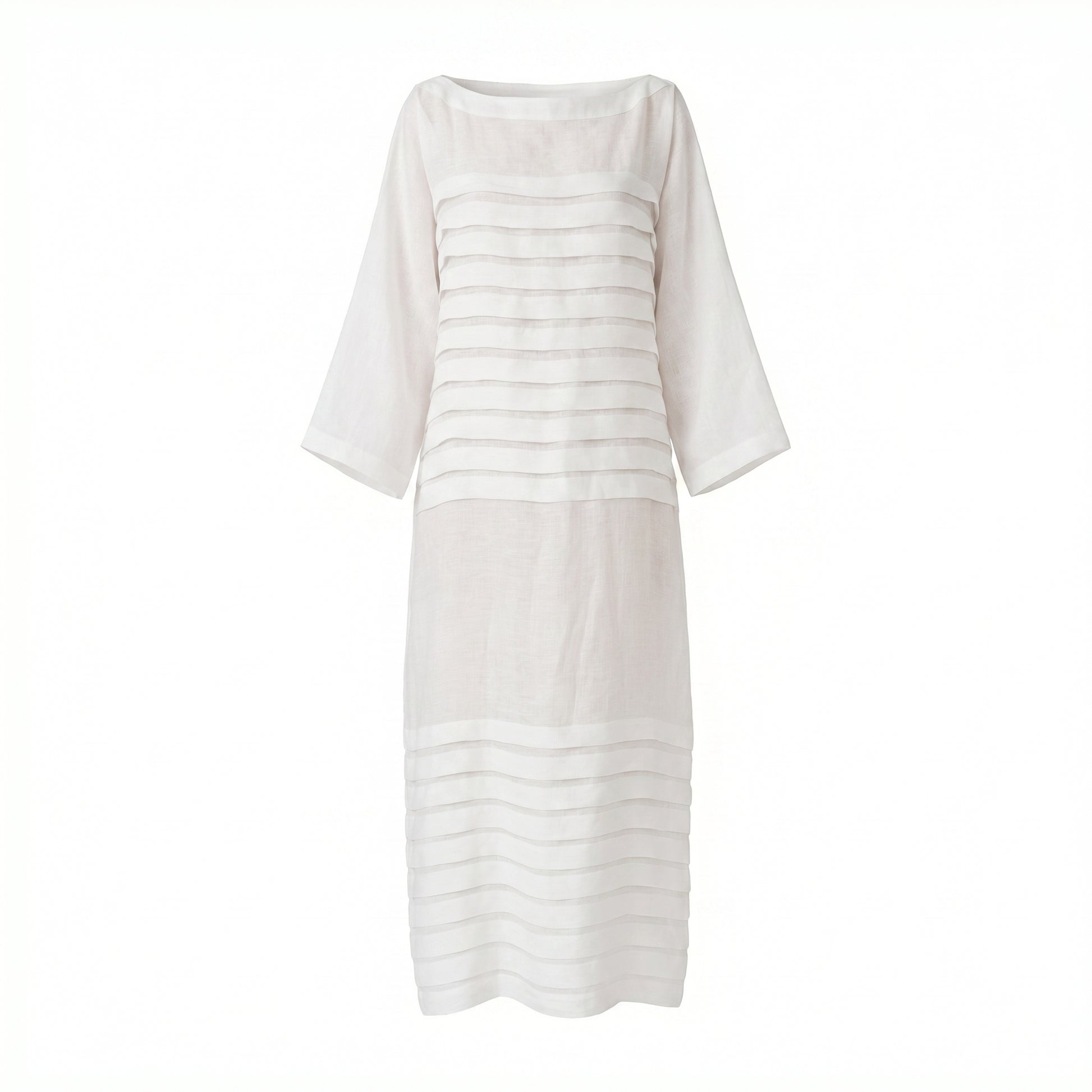 Cleo dress in light white with horizontal stripe bands, three-quarter dolman sleeves