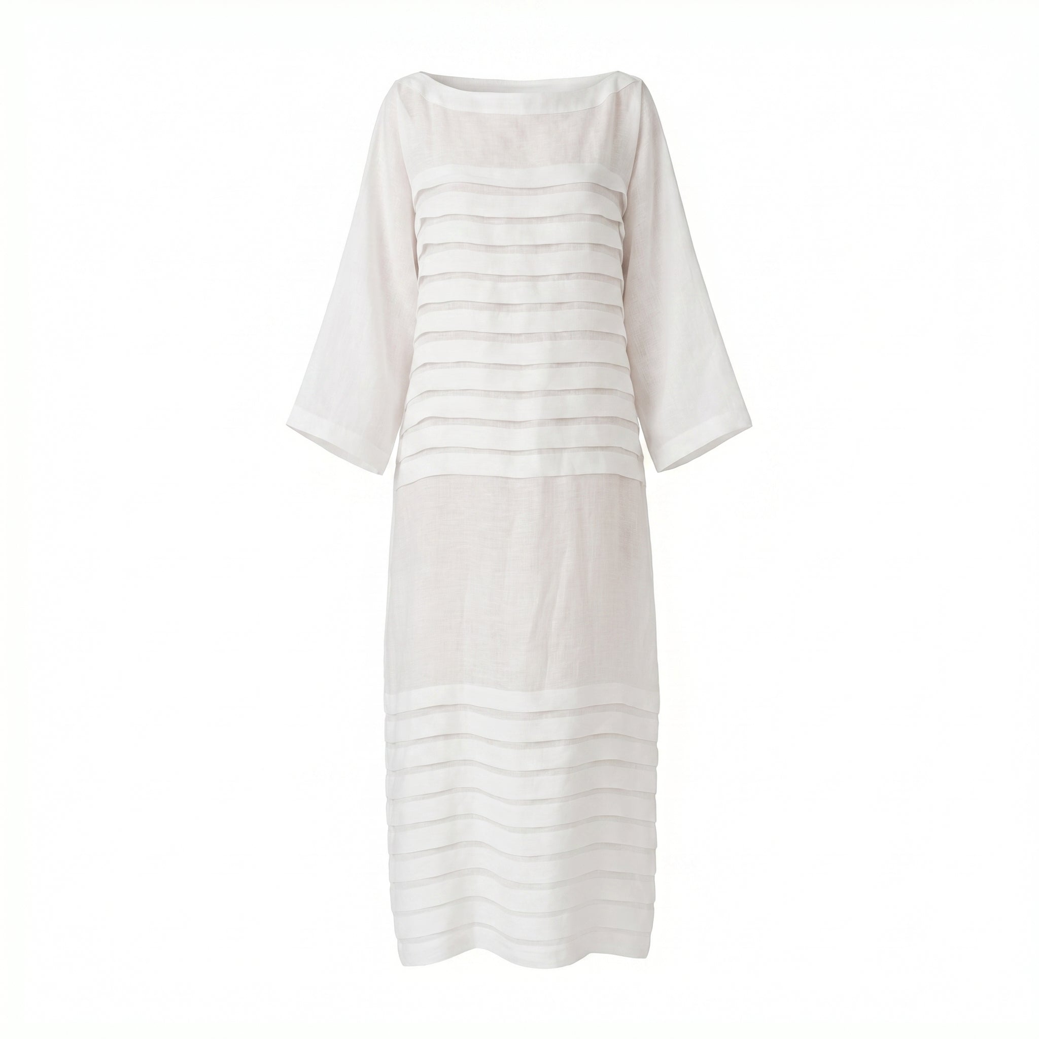 Cleo dress in light white with horizontal stripe bands, three-quarter dolman sleeves