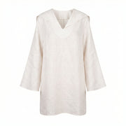 Santorini dress, white V-neck tunic with hooded collar and 3/4 sleeves