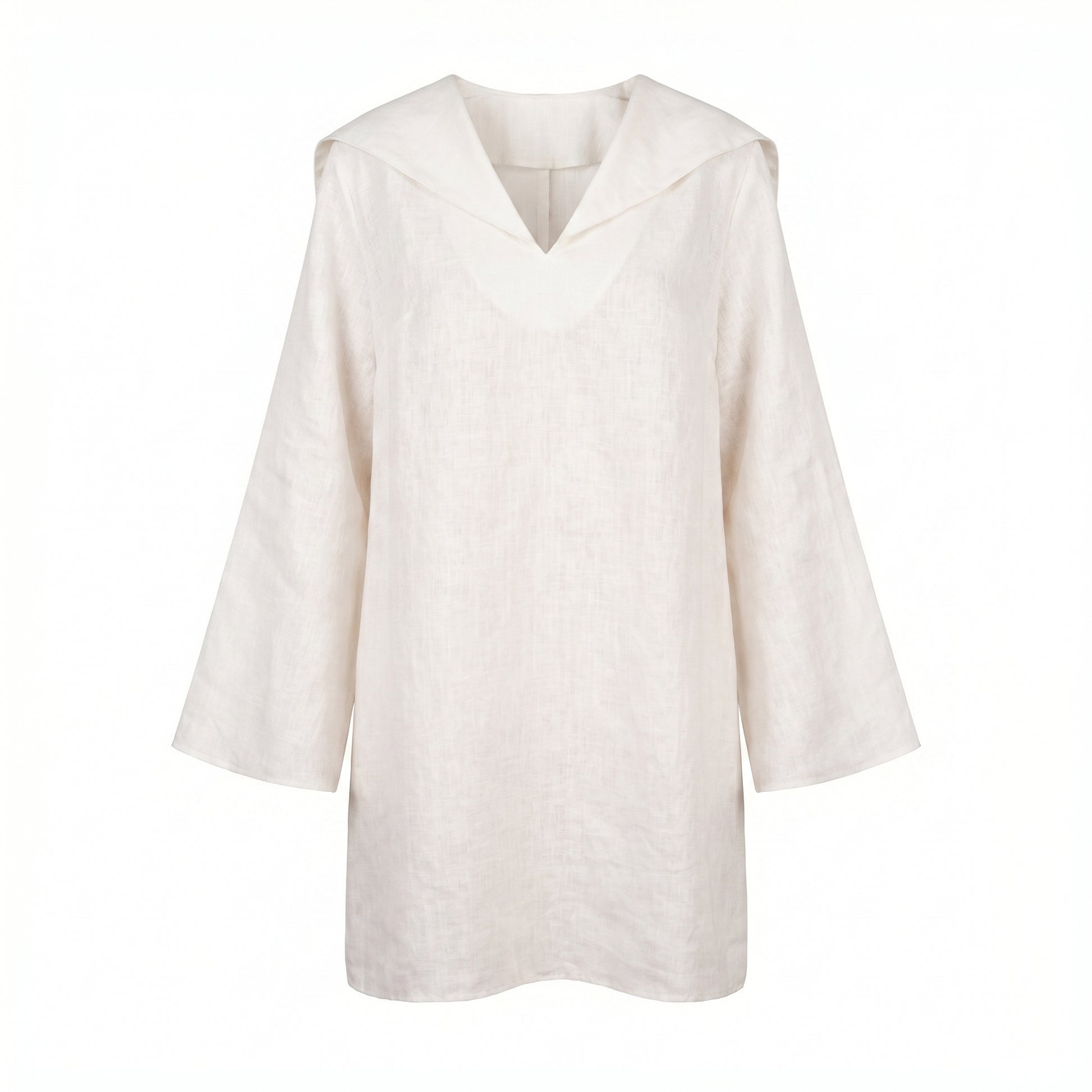 Santorini dress, white V-neck tunic with hooded collar and 3/4 sleeves