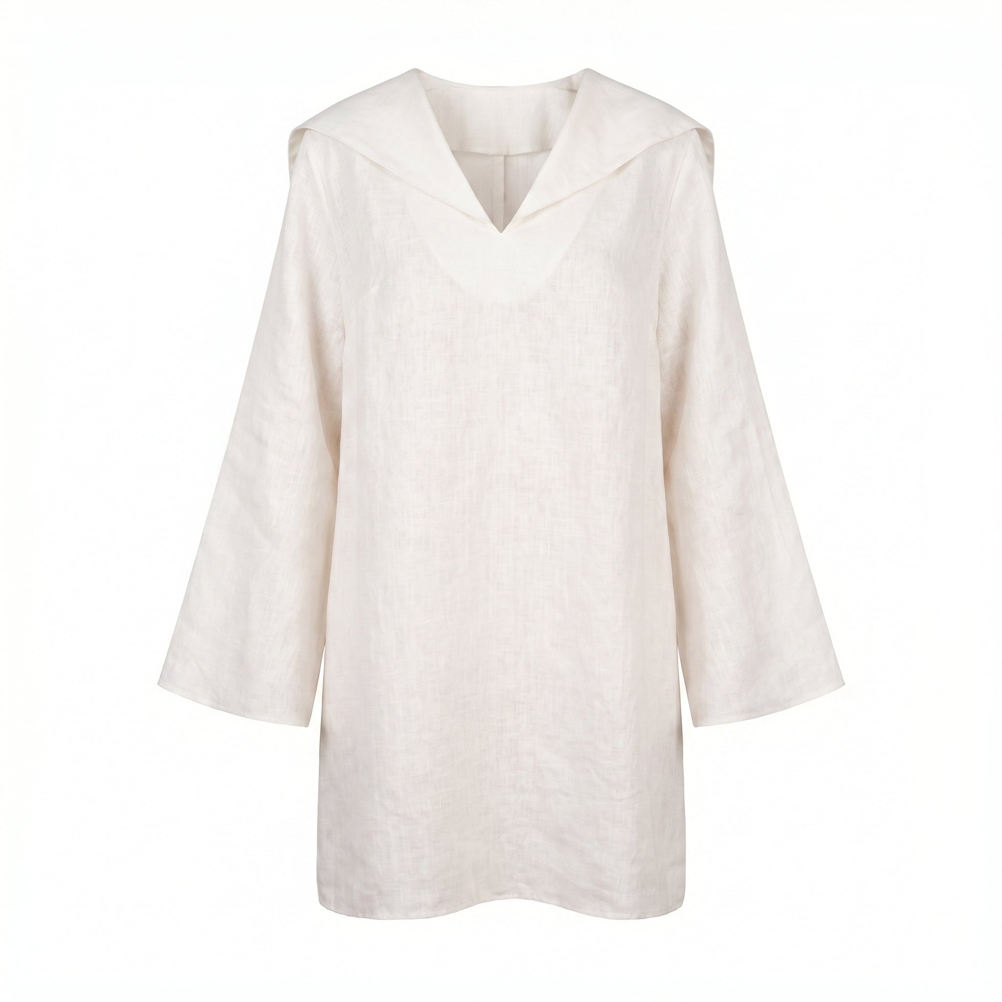 Santorini dress, white V-neck tunic with hooded collar and 3/4 sleeves
