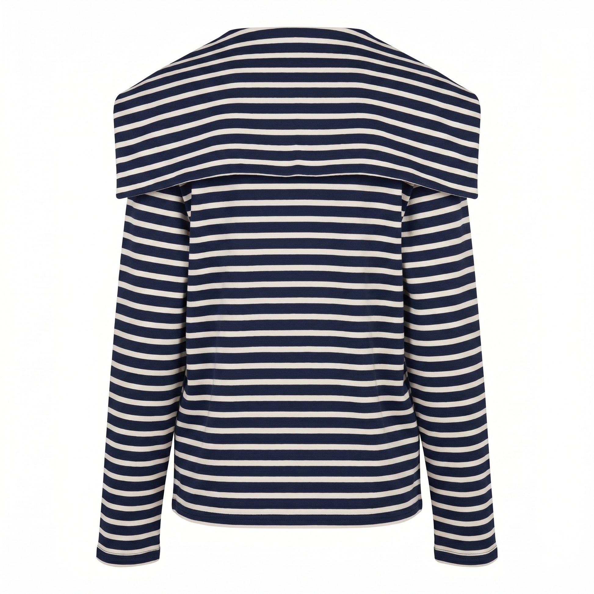 Navy and white striped long-sleeve shirt, back view