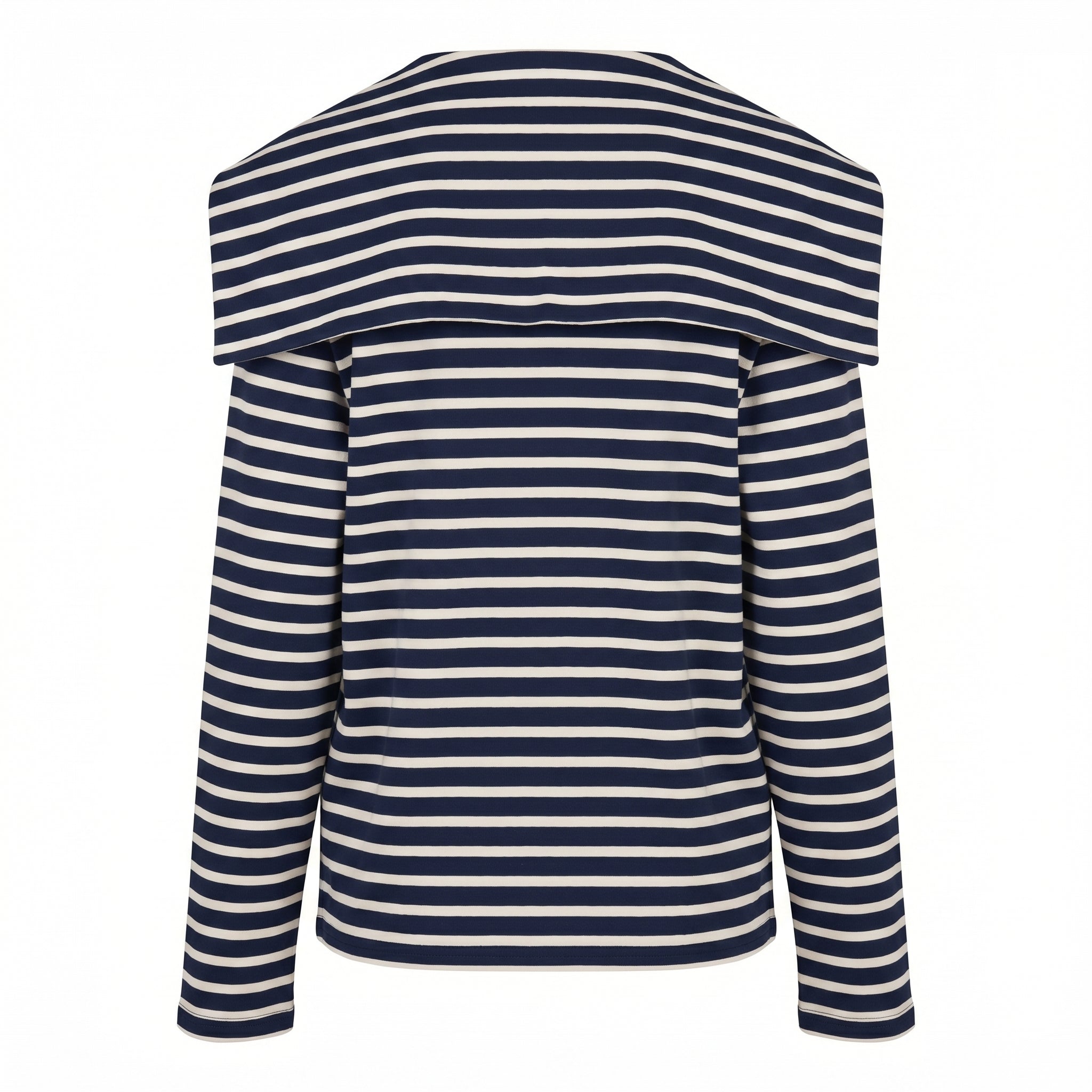 Navy and white striped long-sleeve shirt, back view