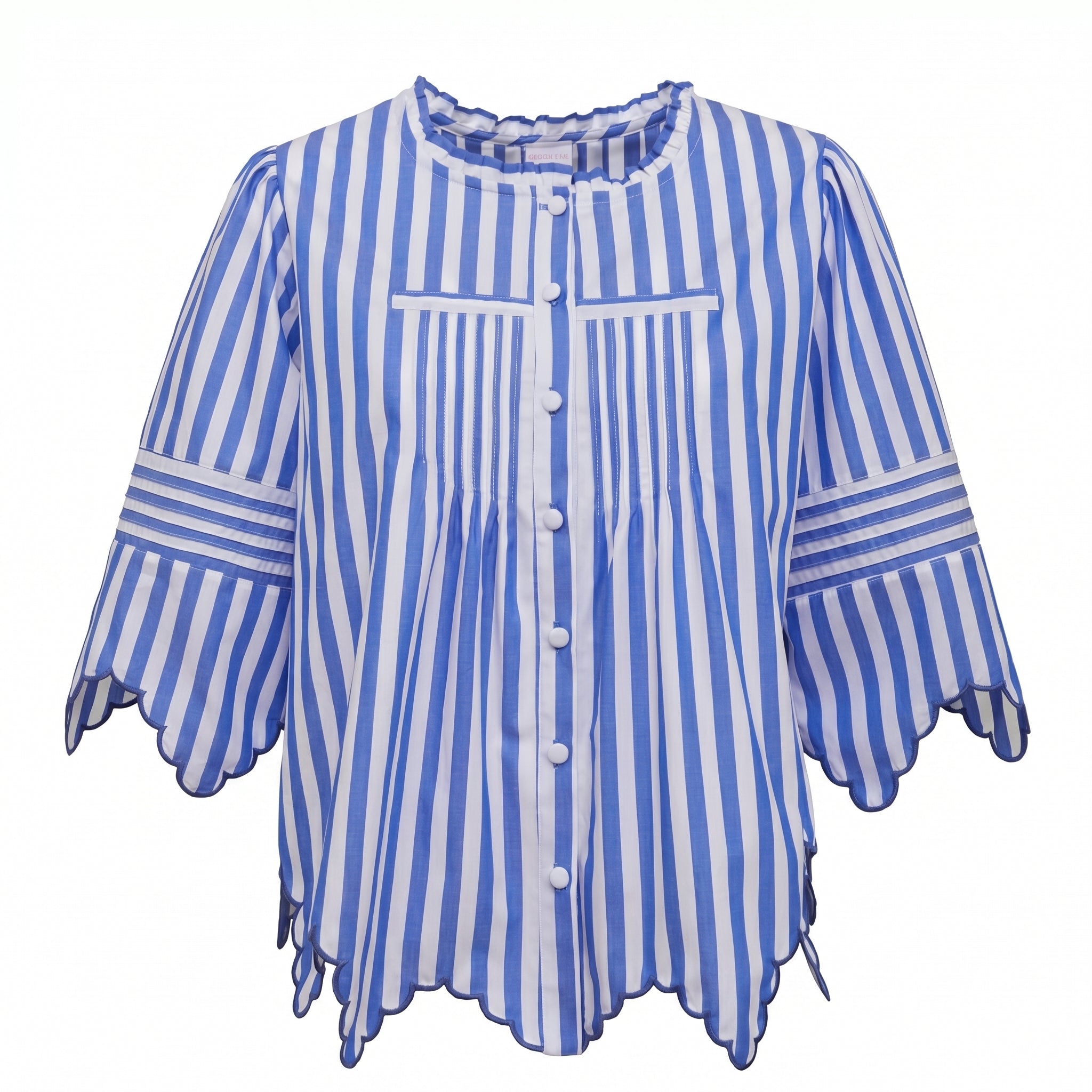 Blue and white striped button-front blouse with ruffled trim and scalloped hem