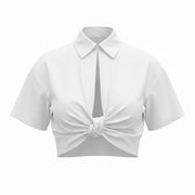 White blouse with pointed collar and short sleeves, knotted front detail
