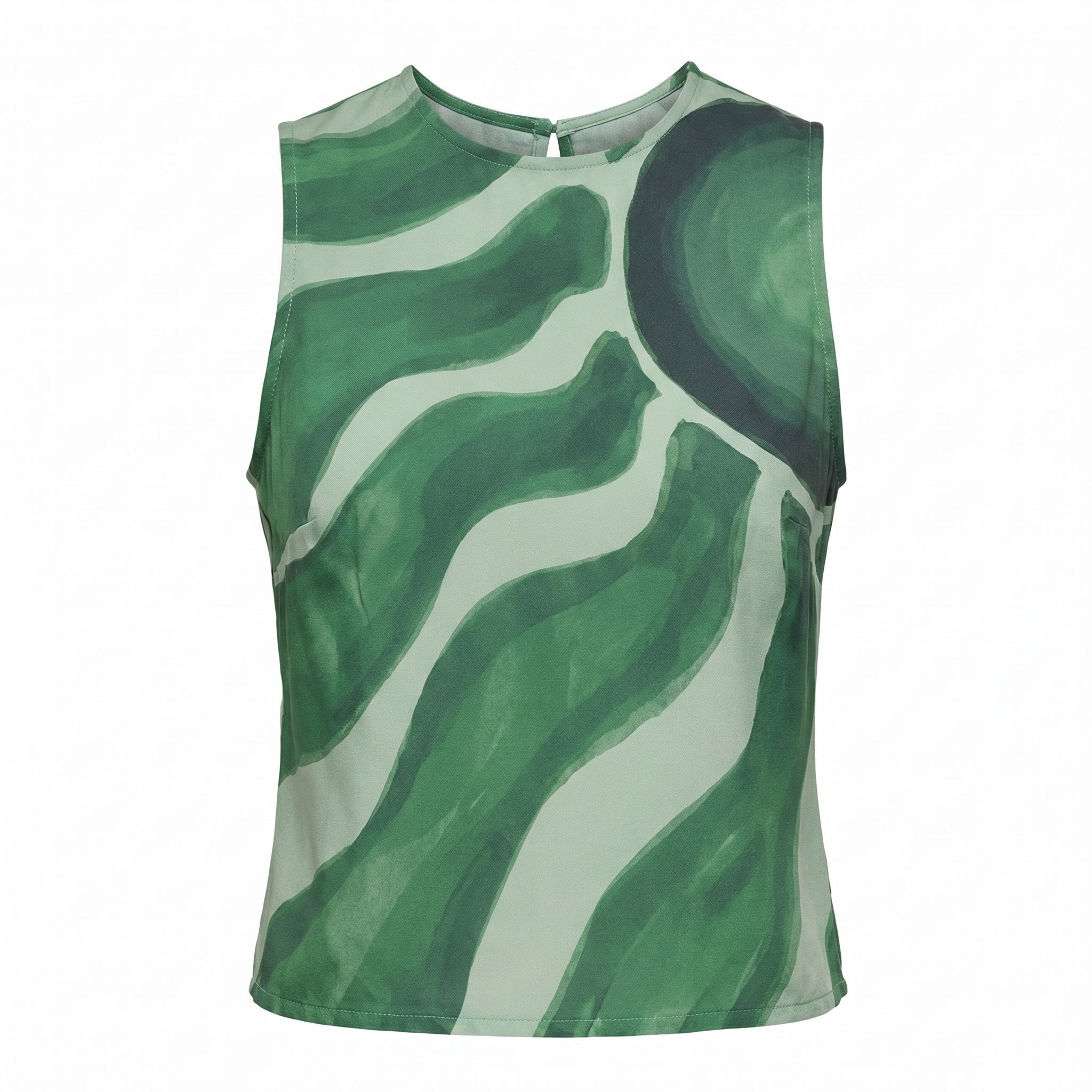 Sleeveless green-and-white abstract print top with crew neckline, button back