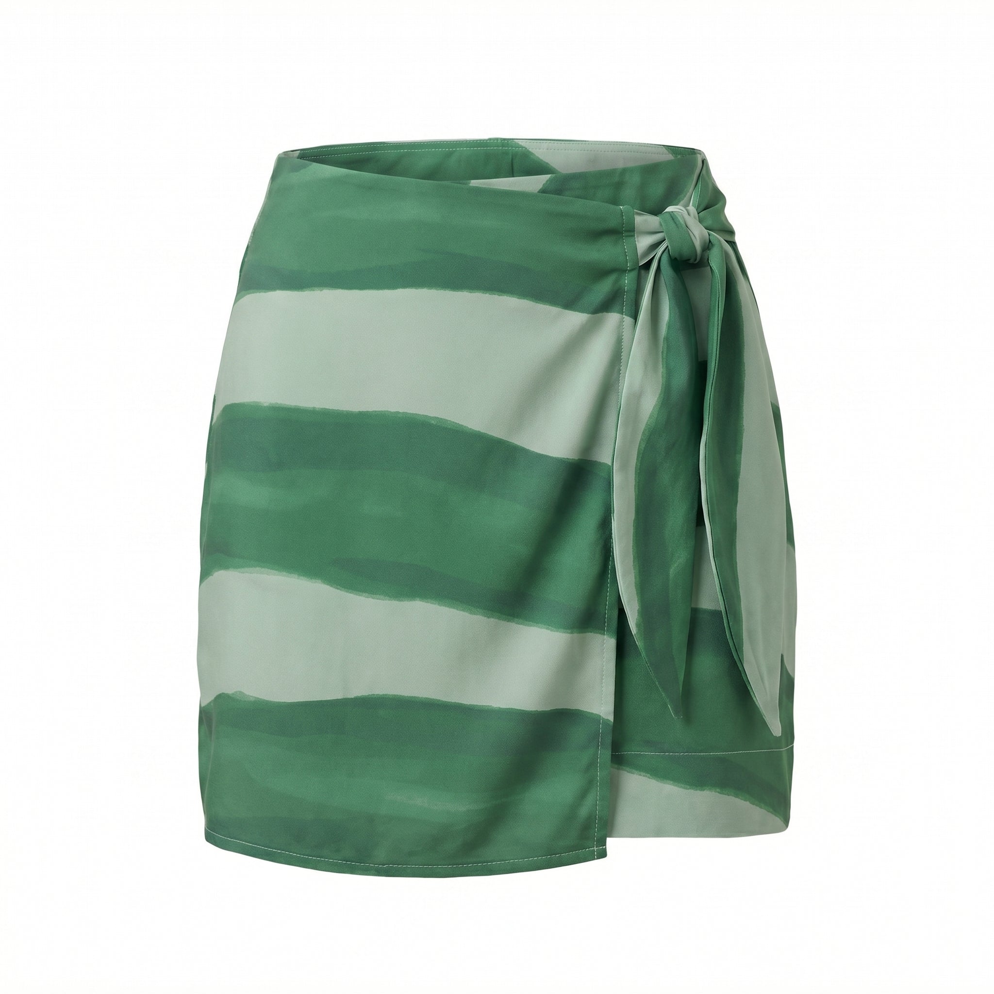 Green and off-white striped wrap skirt with tied sash at front