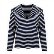 Navy and white striped V-neck long-sleeve shirt, relaxed fit