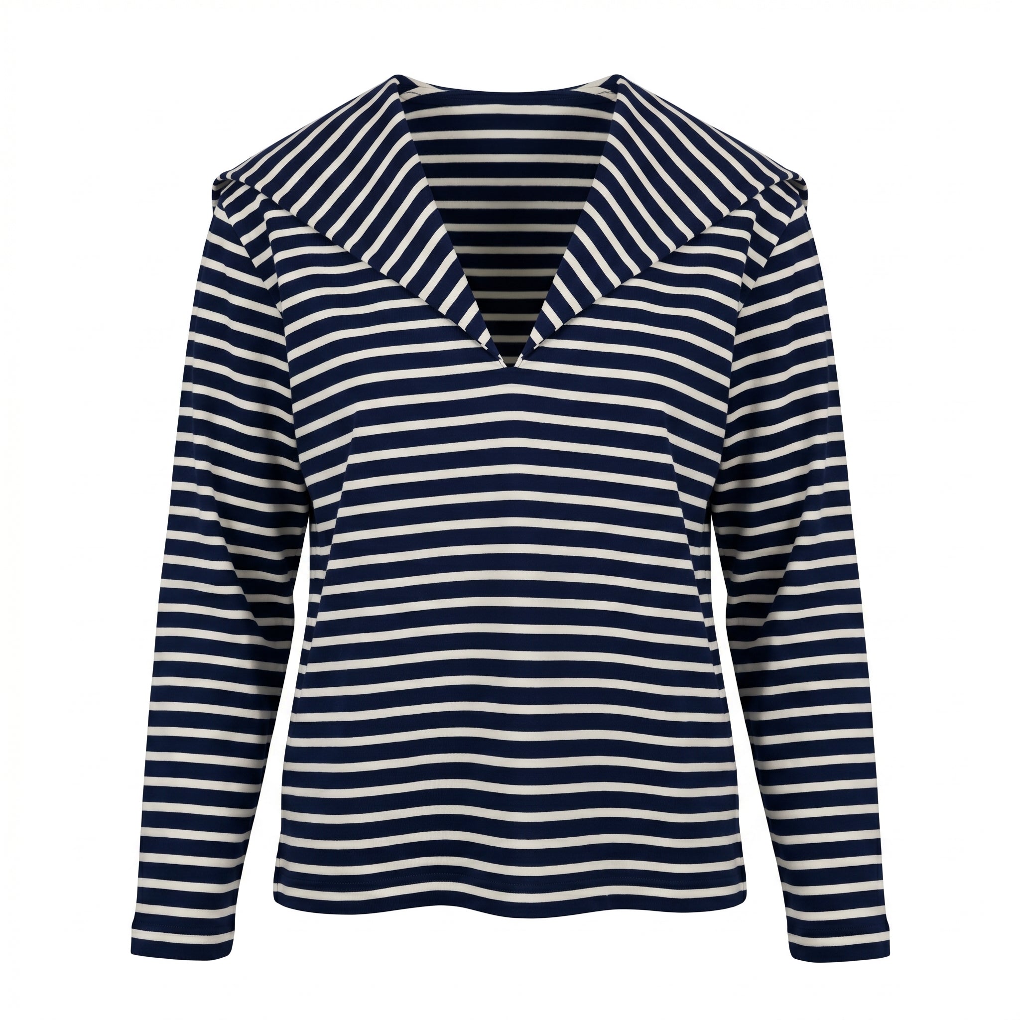 Navy and white striped V-neck long-sleeve shirt, relaxed fit