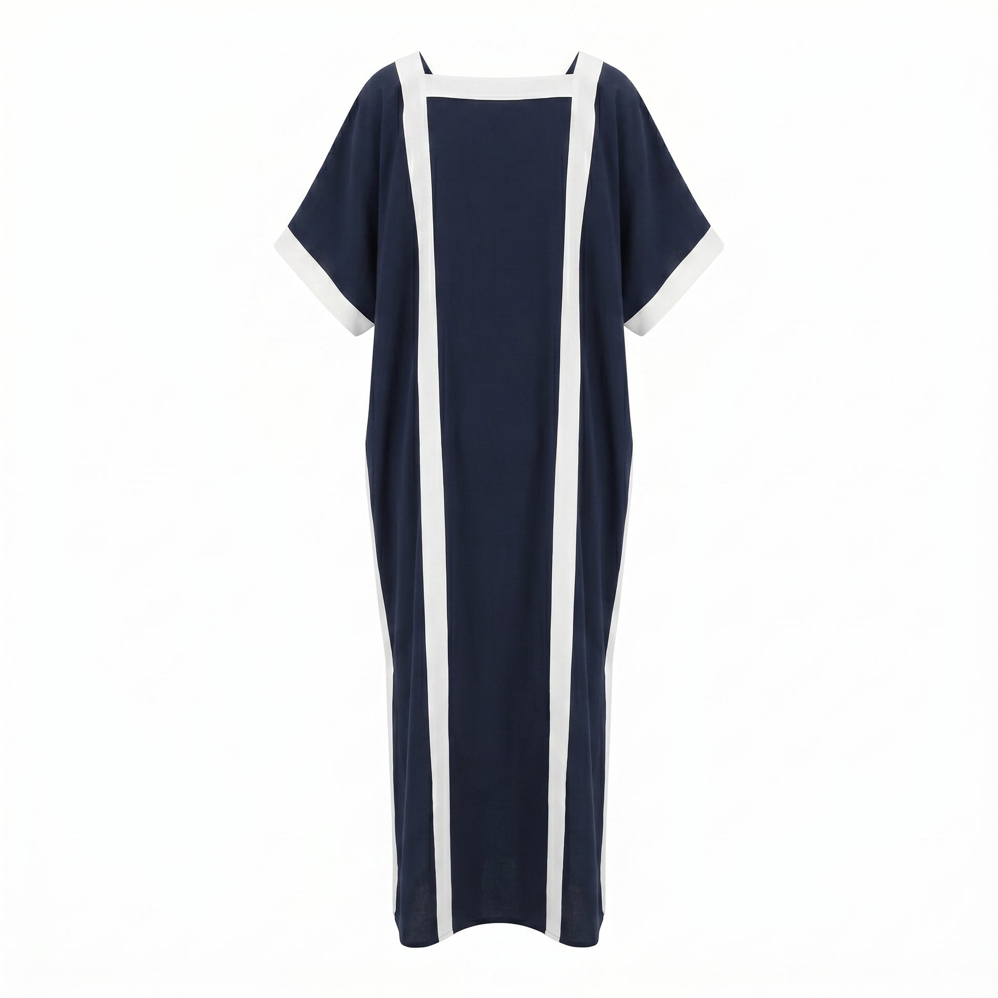 Square-neck midi dress in dark navy with vertical white side stripes and trim