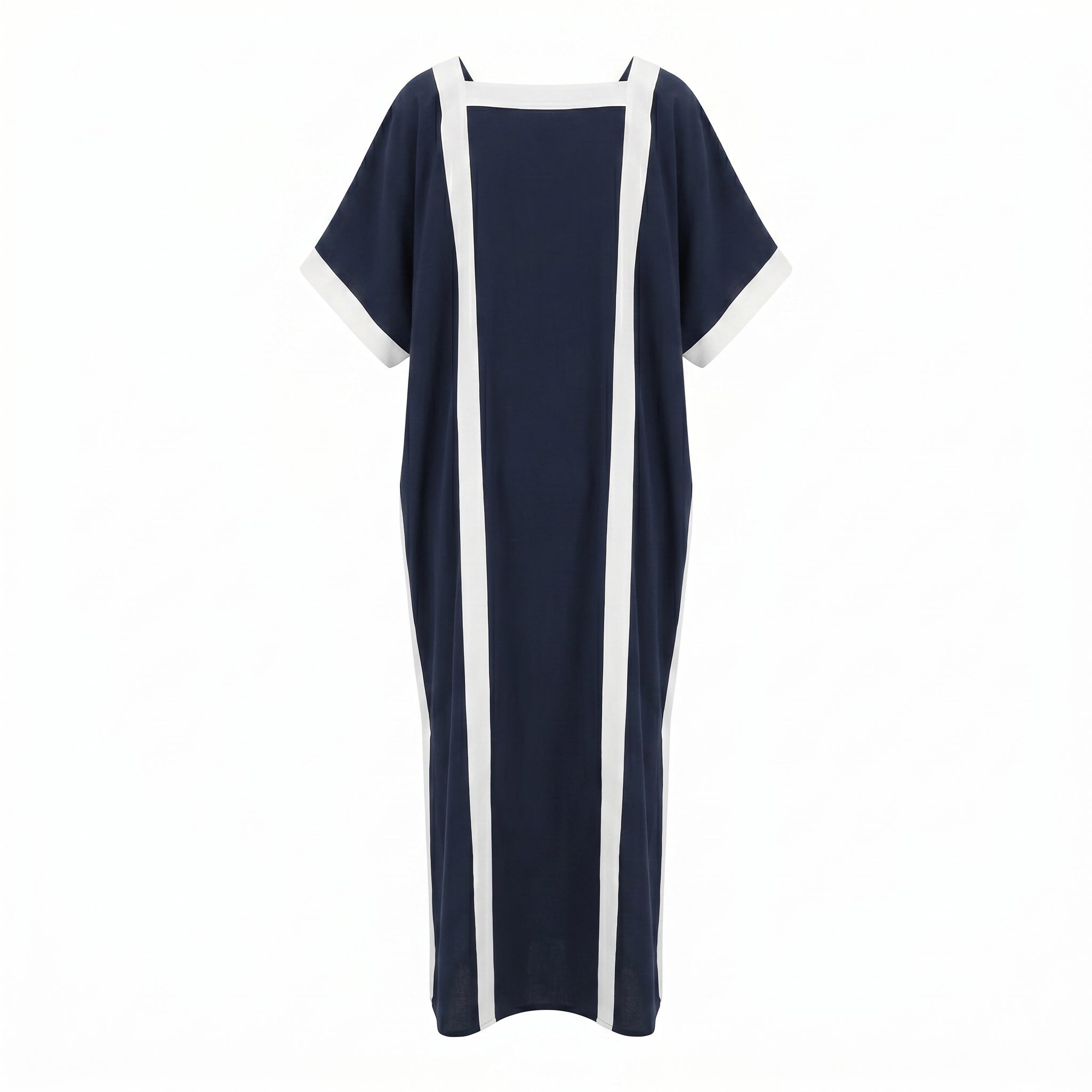 Square-neck midi dress in dark navy with vertical white side stripes and trim