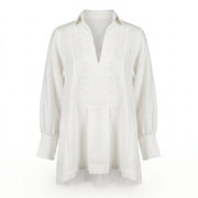 Off-white V-neck tunic shirt with decorative zigzag embroidery, 3/4 sleeves