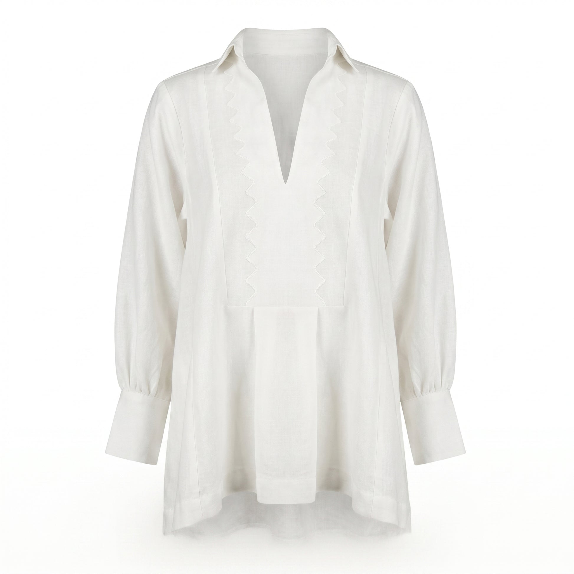Off-white V-neck tunic shirt with decorative zigzag embroidery, 3/4 sleeves