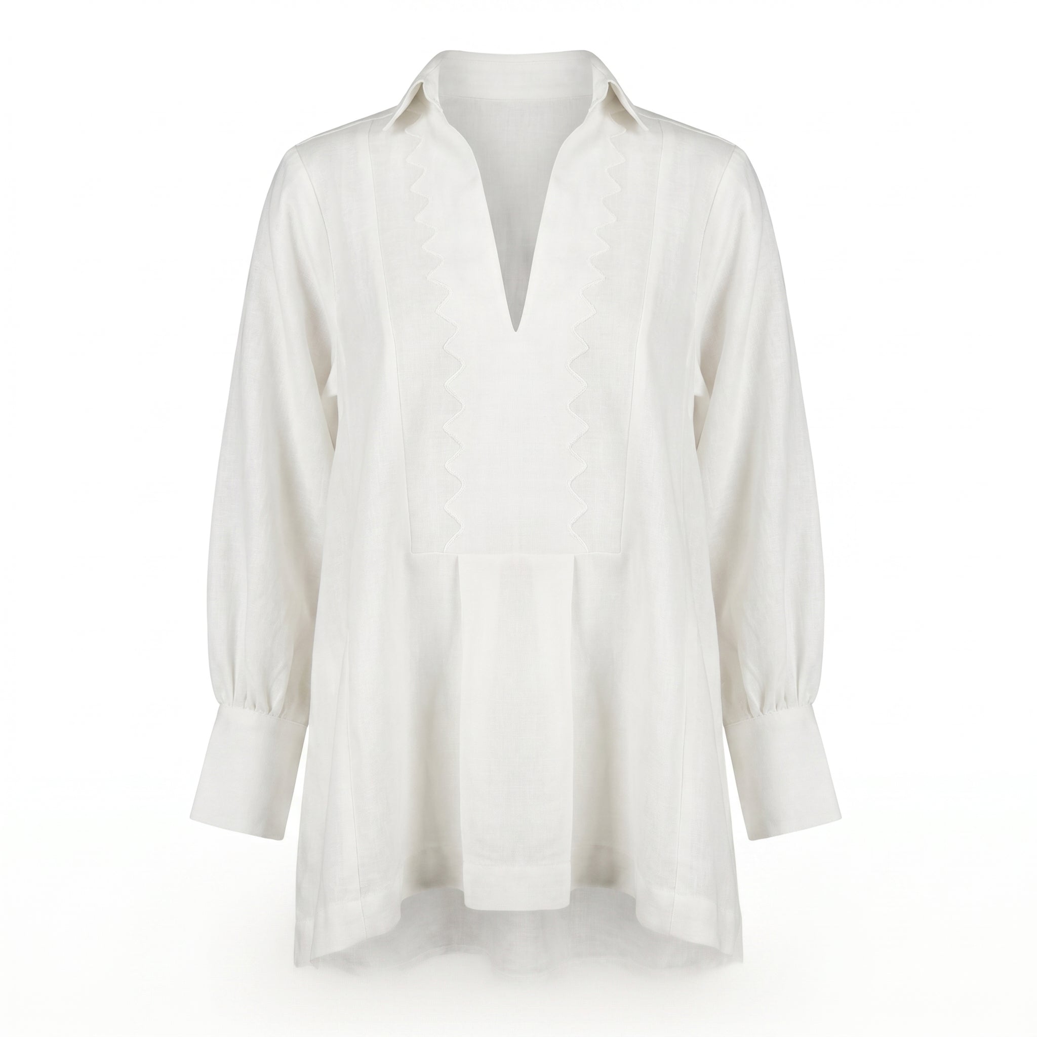 Off-white V-neck tunic shirt with decorative zigzag embroidery, 3/4 sleeves