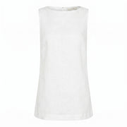 White sleeveless top with round neckline and straight hem