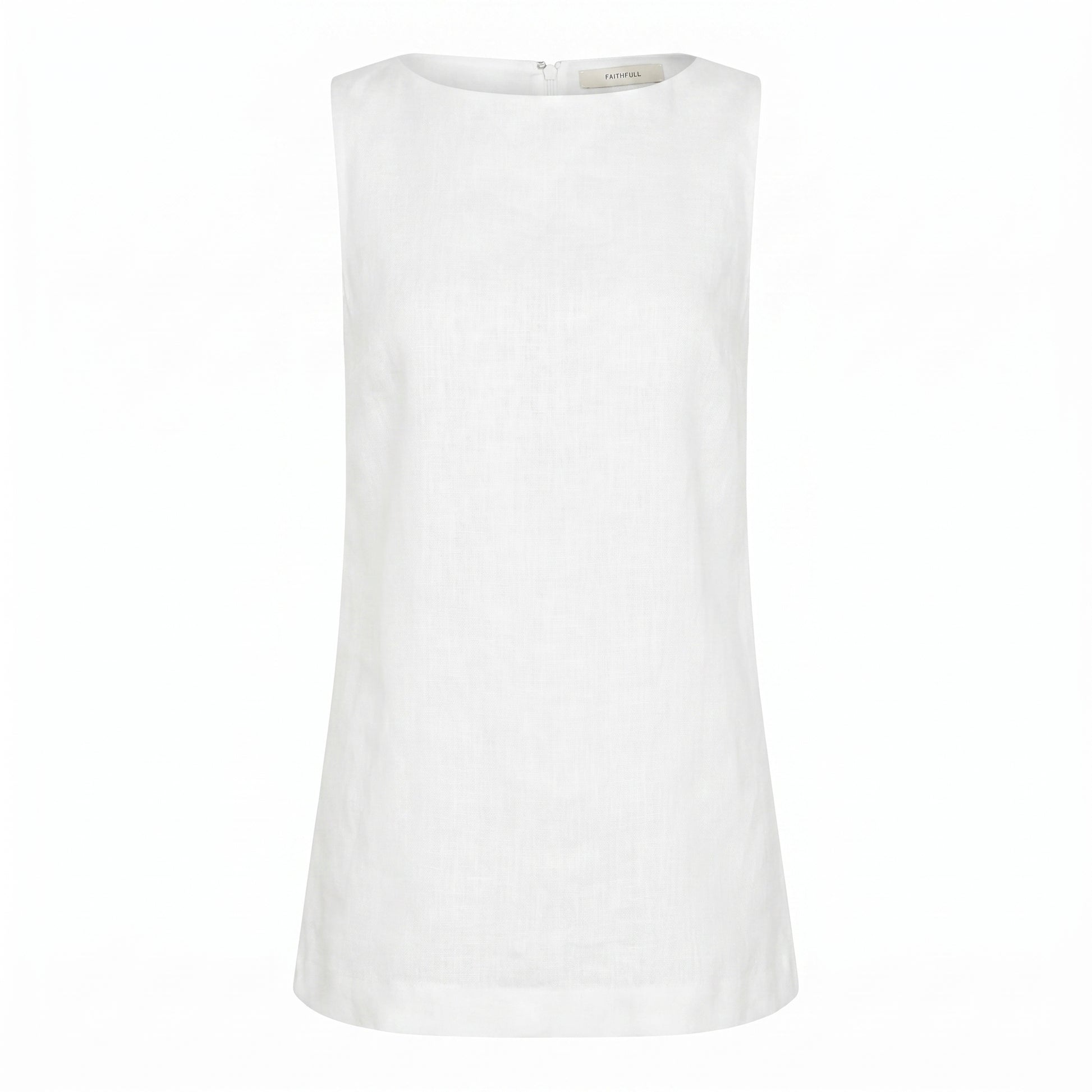 White sleeveless top with round neckline and straight hem