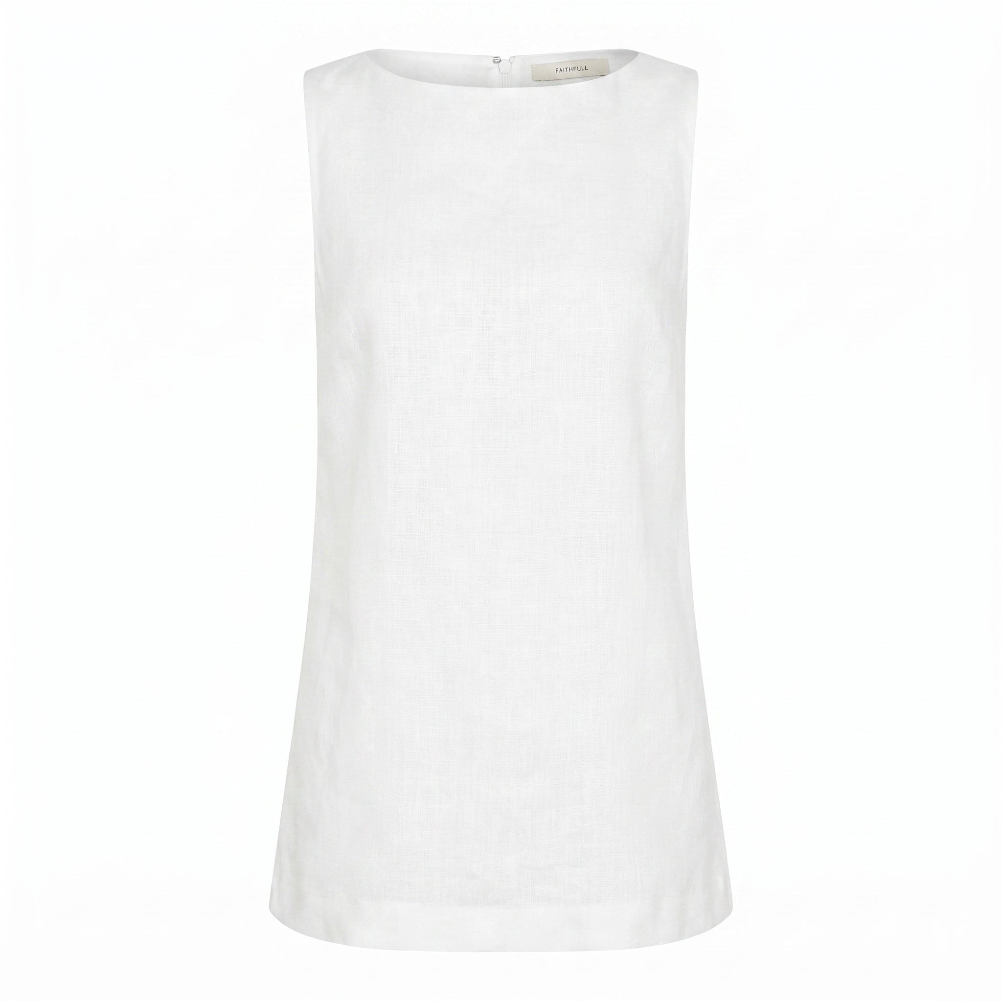 White sleeveless top with round neckline and straight hem