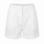 White linen cuffed short with pleated front, belt loops, and two side pockets