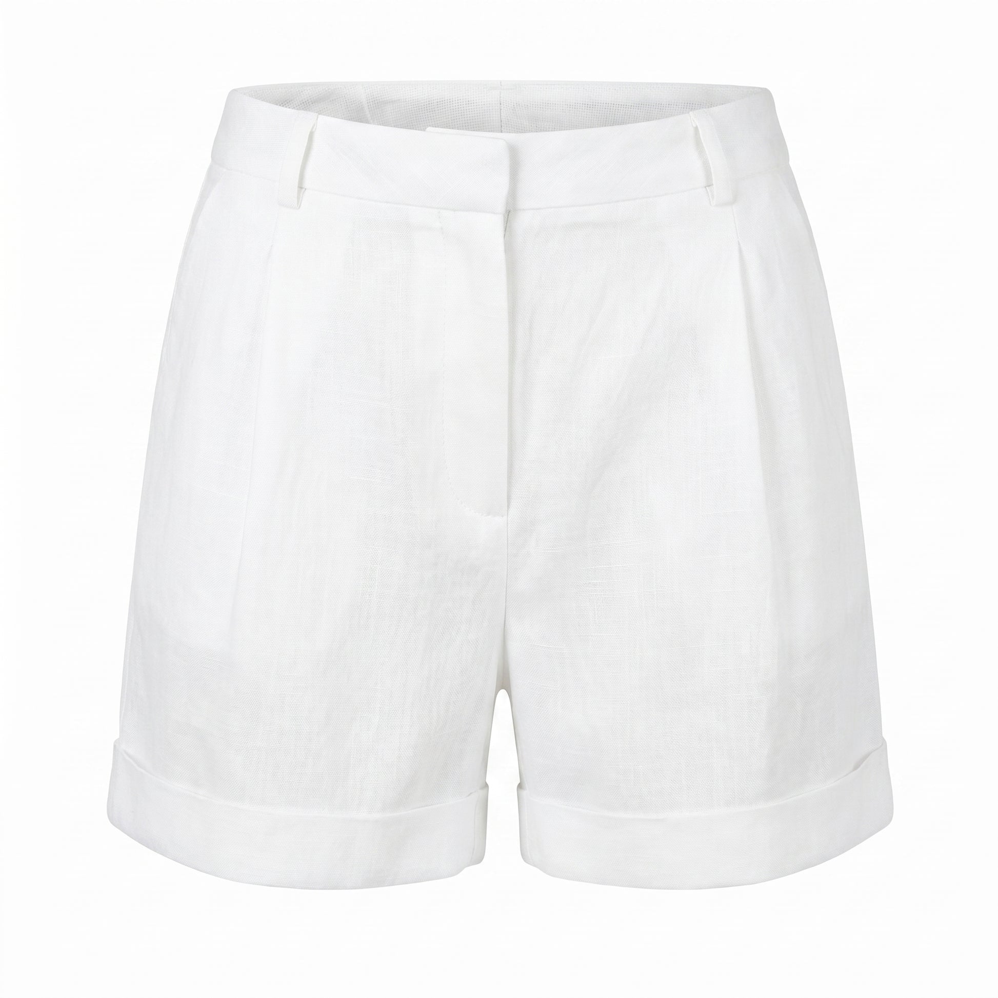 White linen cuffed short with pleated front, belt loops, and two side pockets