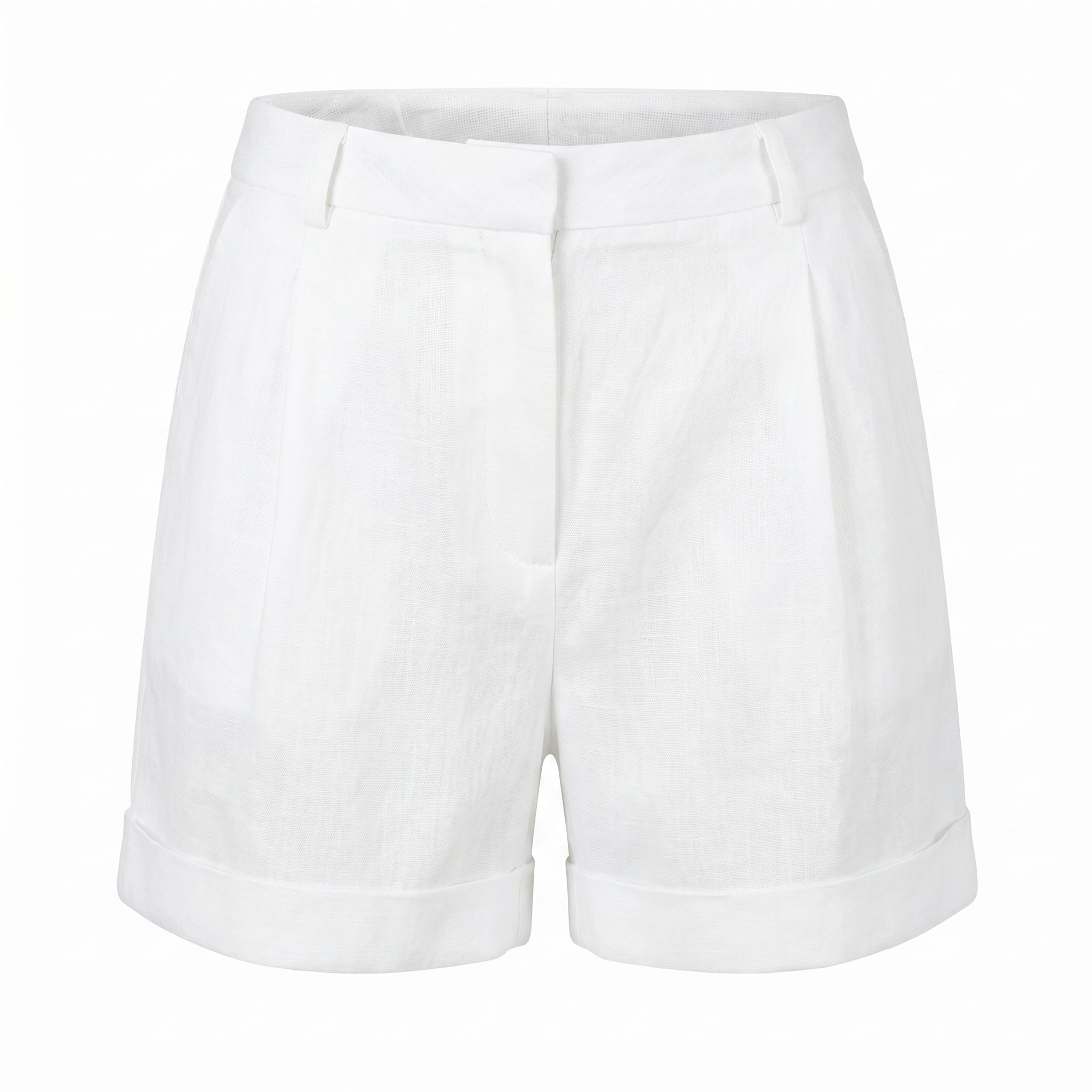 White linen cuffed short with pleated front, belt loops, and two side pockets