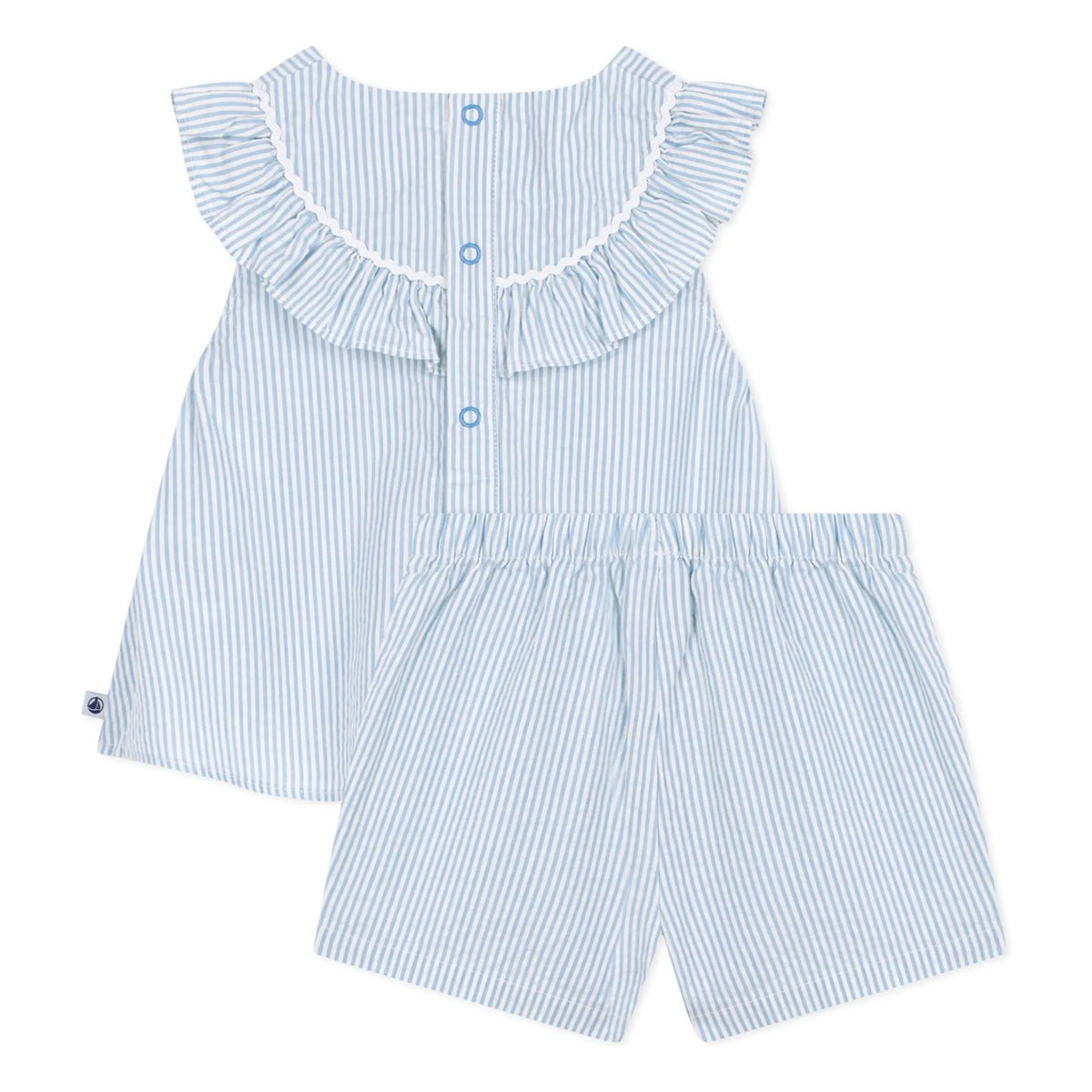Light blue seersucker set with ruffle bib button placket top and striped shorts