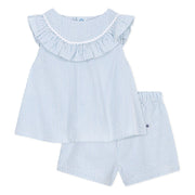Light blue seersucker striped baby set: ruffled yoke top and matching shorts