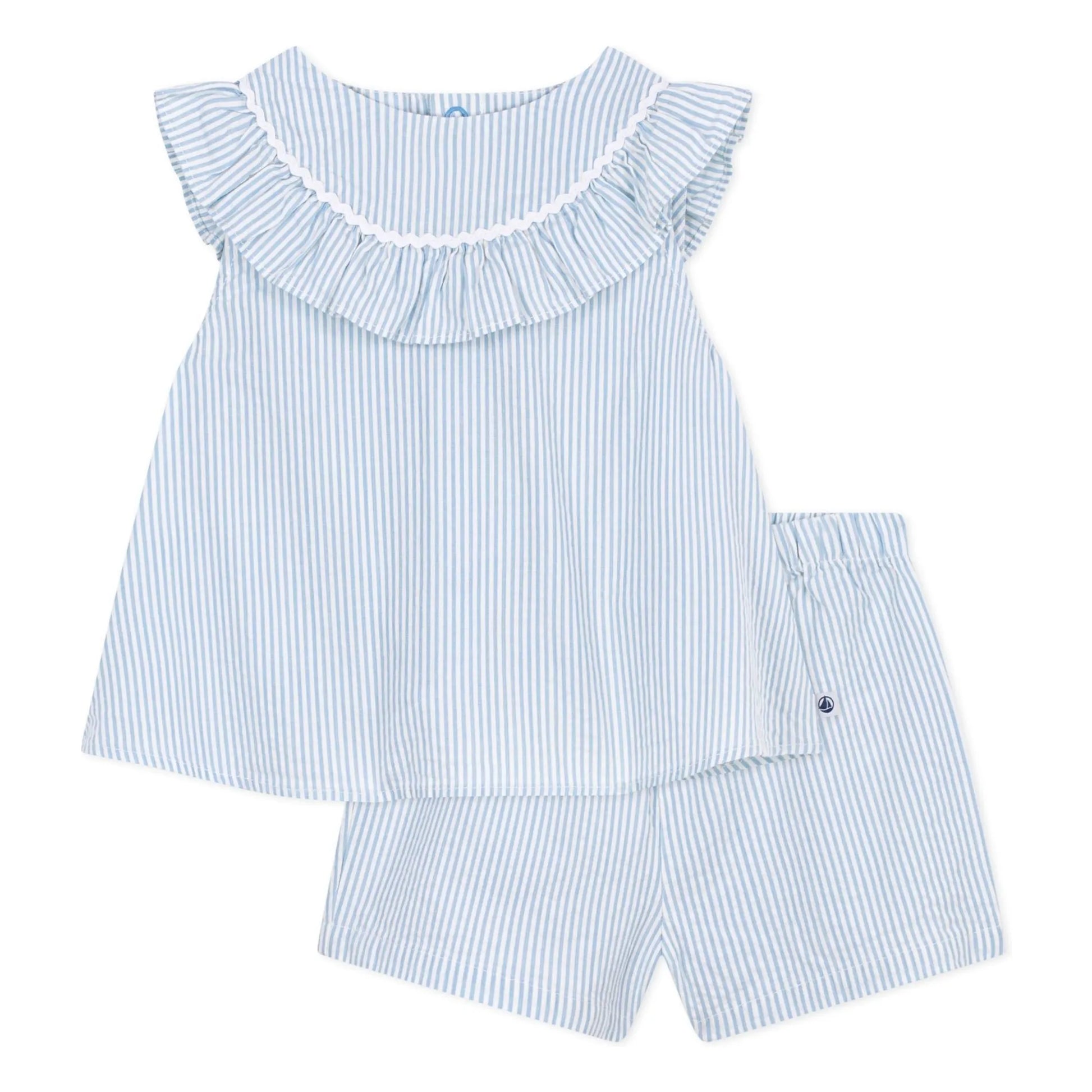 Light blue seersucker striped baby set: ruffled yoke top and matching shorts