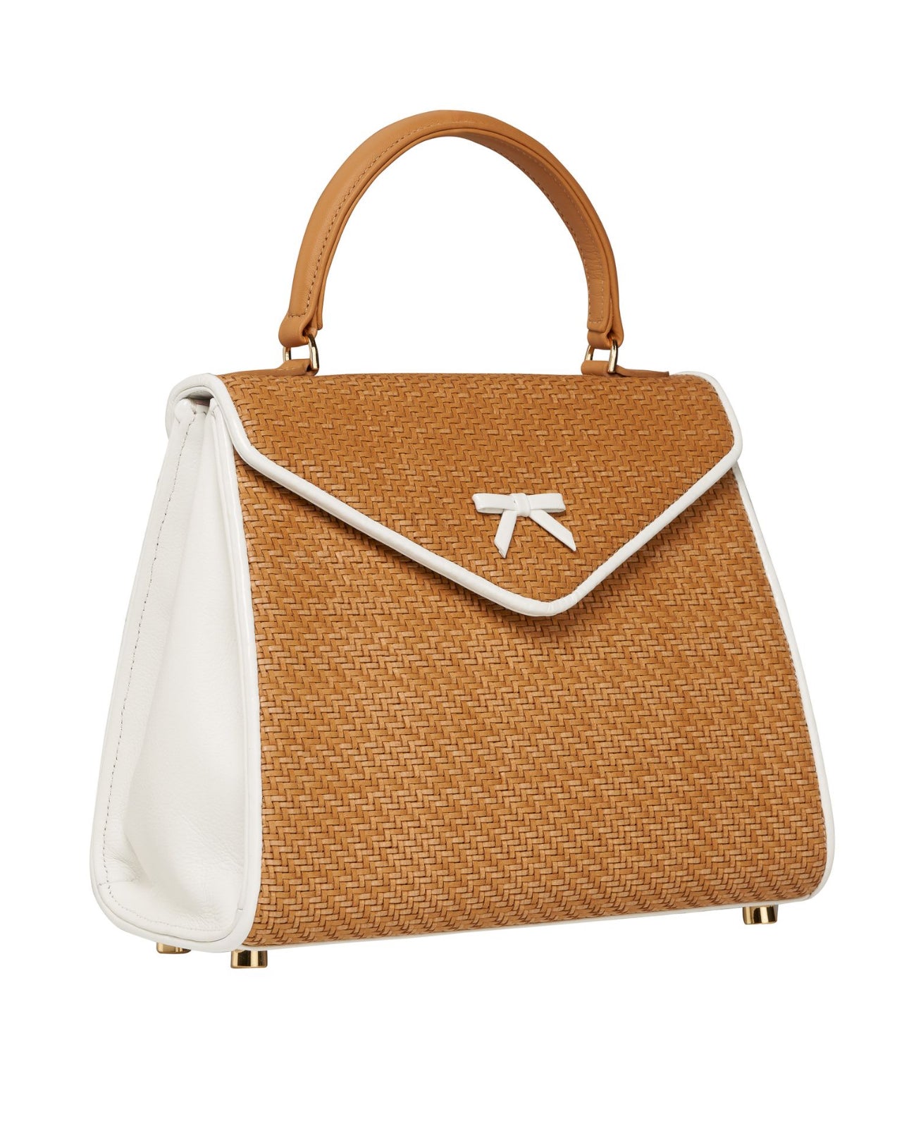 Molly Bag tan woven handbag with white-trimmed V flap and bow logo