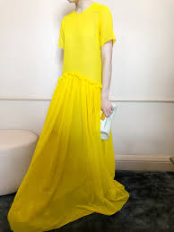 Rosie Assoulin yellow maxi dress, short sleeves, gathered waist, floor-length hem