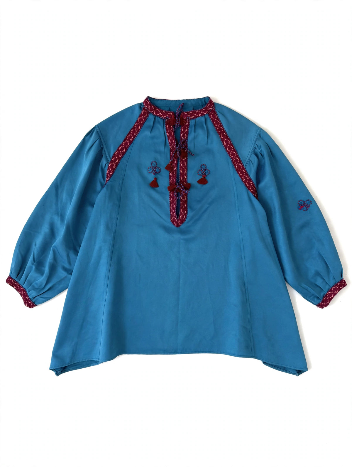 Teal silk kaftan mini dress with red yoke embroidery and gathered neck