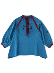 Teal silk kaftan mini dress with red yoke embroidery and gathered neck