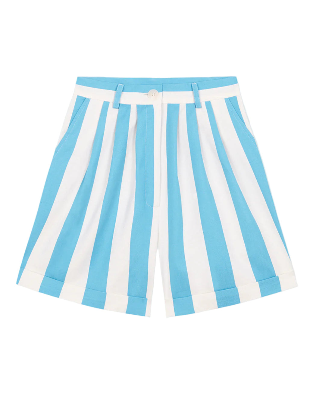 Bermuda shorts with turquoise and white vertical stripes, elastic waistband, side pockets