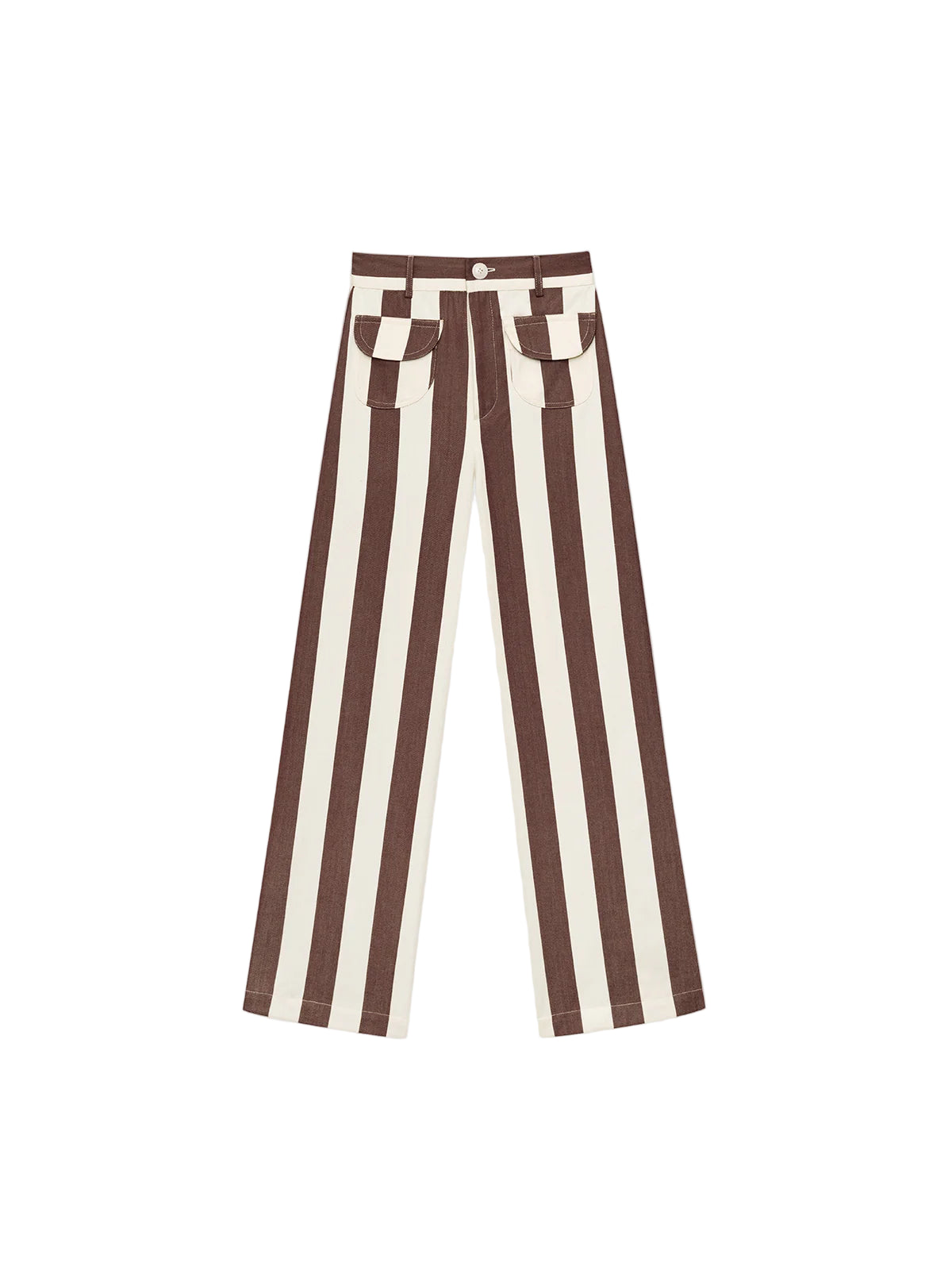 Parasol pants in brown and white vertical stripes, wide-leg with patch pockets