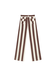 Vertical striped wide-leg pants with belt loops, button fly, and front flap pockets