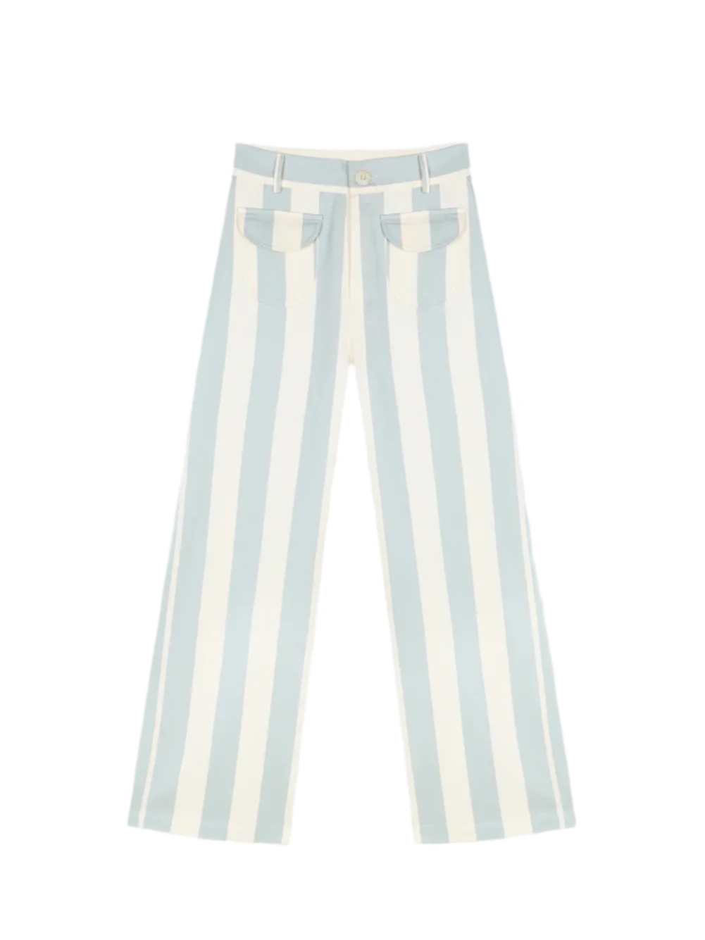 Parasol pants in light blue and white vertical stripes, button front and flap pockets