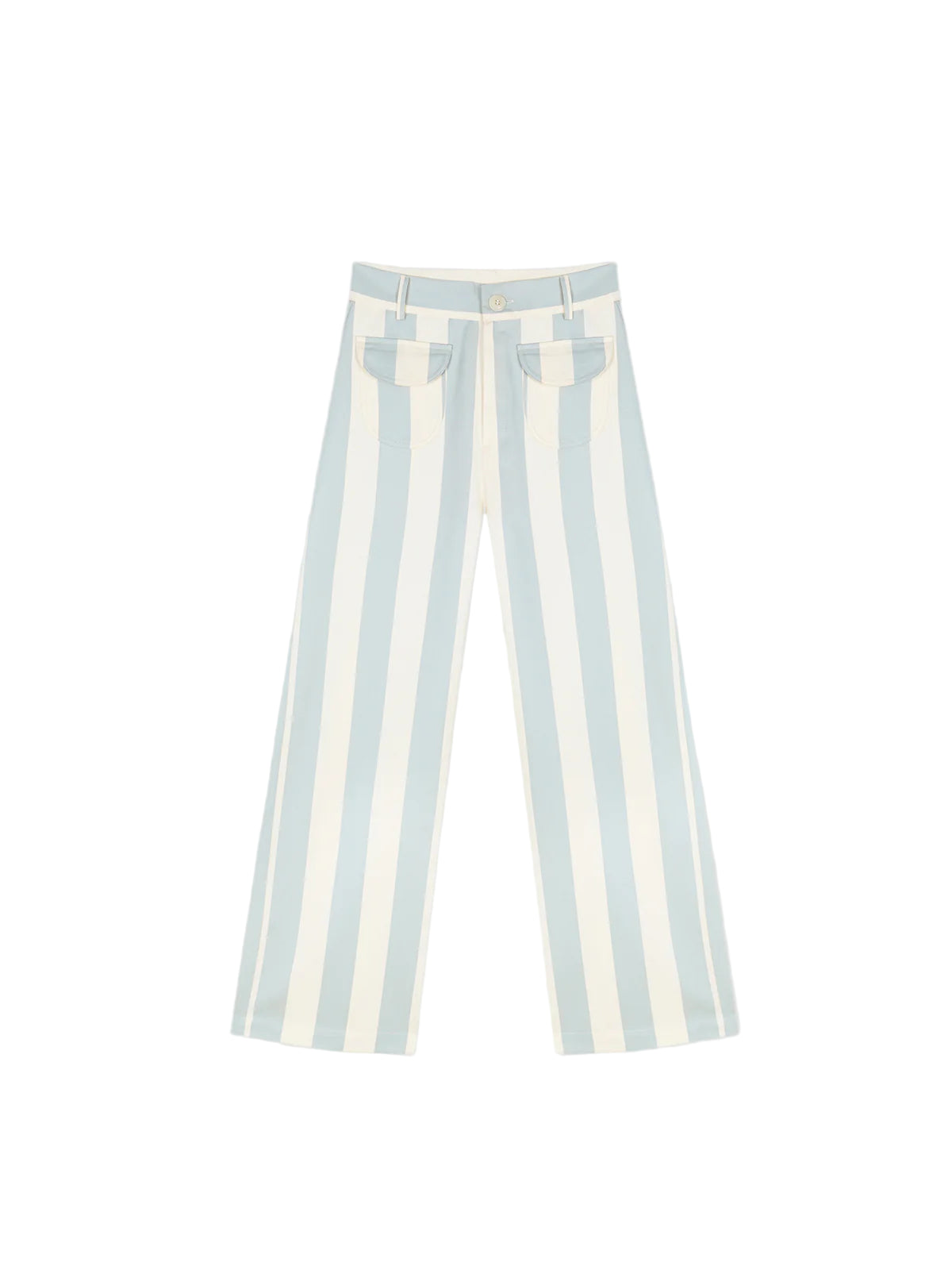 Parasol pants with light blue and white vertical stripes, wide-leg fit
