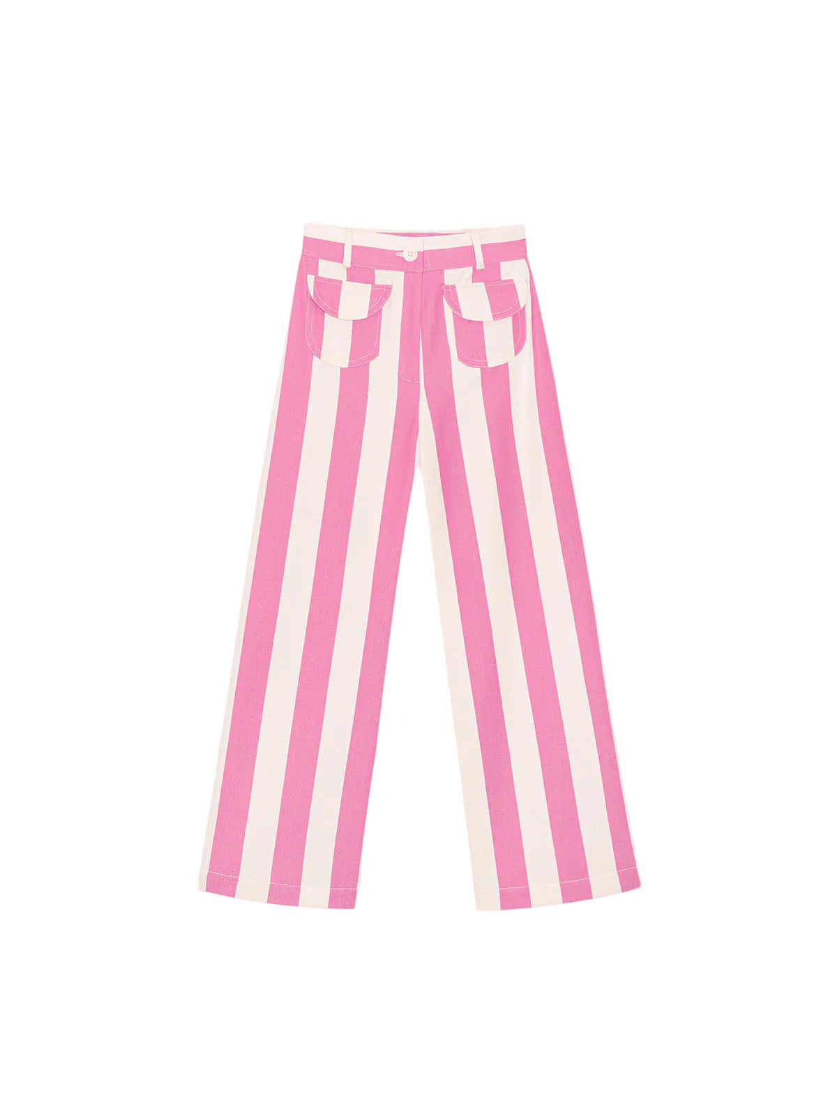 Pink and white striped wide-leg parasol pants with elastic waistband and drawstring