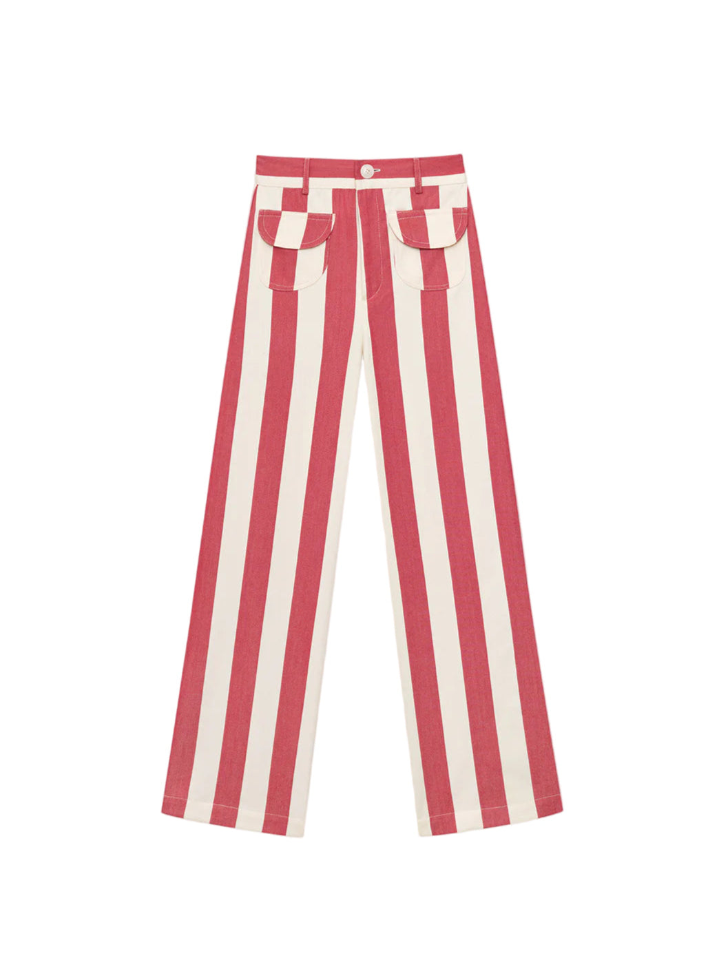 Red and white striped wide-leg pants with front pockets and button waist