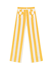 Yellow and white striped wide-leg pants with elastic waistband and side pockets
