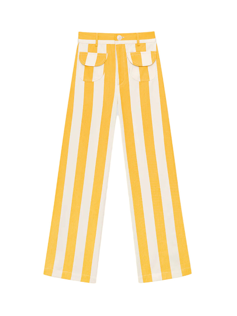 Yellow striped parasol pants with belt loops, button, and flap pockets