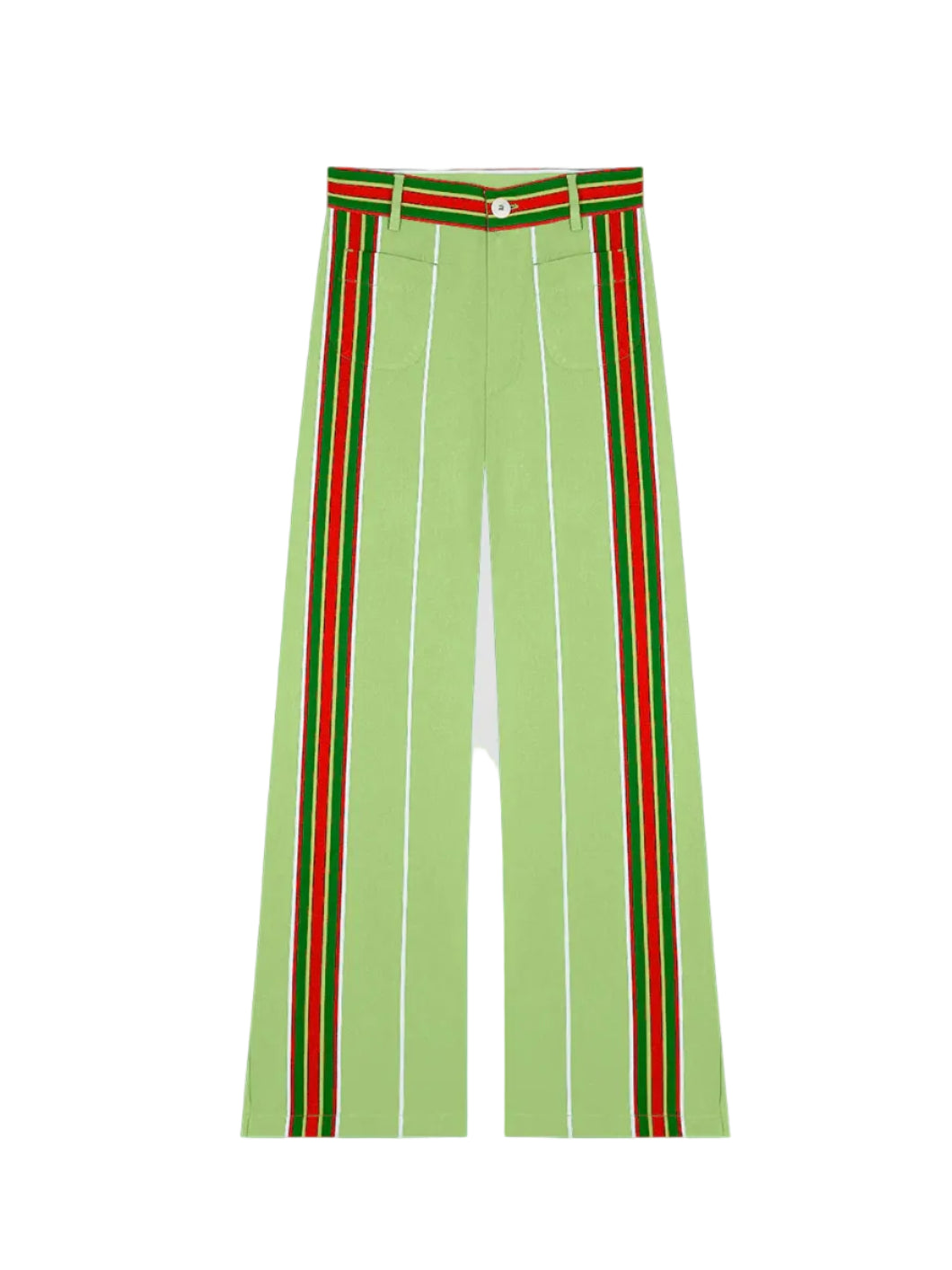 Lime green Pippi pants with red, green, and white vertical striped side panels