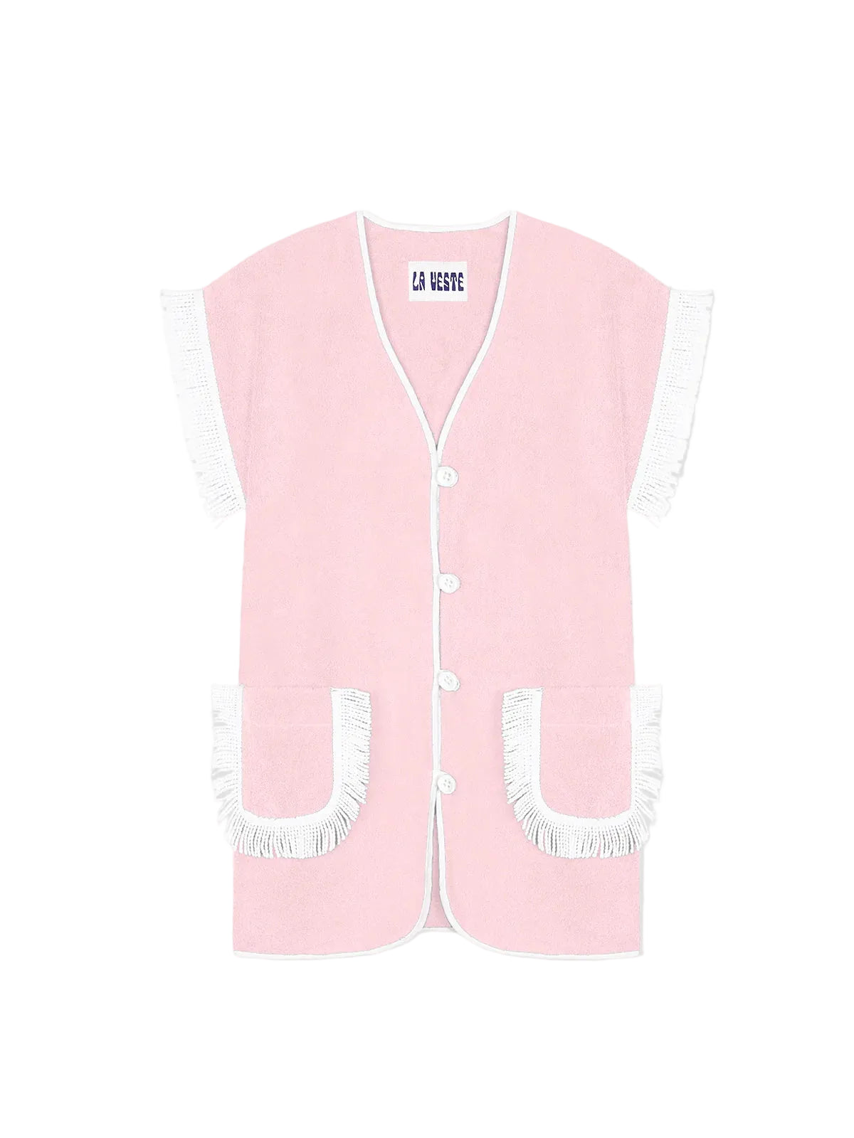 Pink towel dress with V-neck, button front, and fringed side pockets