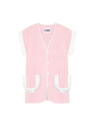 Pink towel dress with button front and fringe-edged side panels