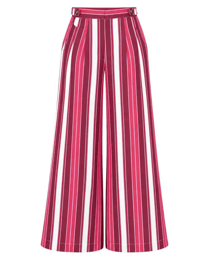 Burgundy and white vertical striped wide-leg trousers with high waist