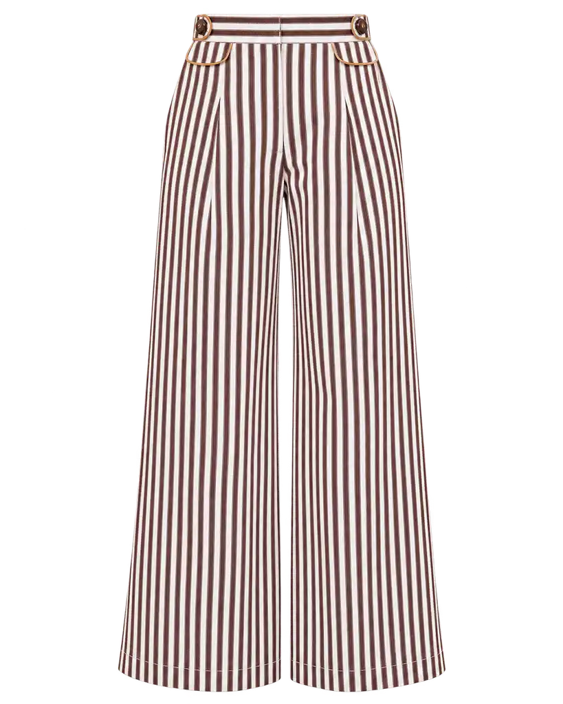 Brown-and-white striped wide-leg trousers, elastic waist, side pockets