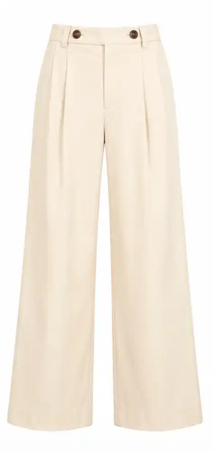 Ecru city trouser with pleated front, wide leg, and button waist closure